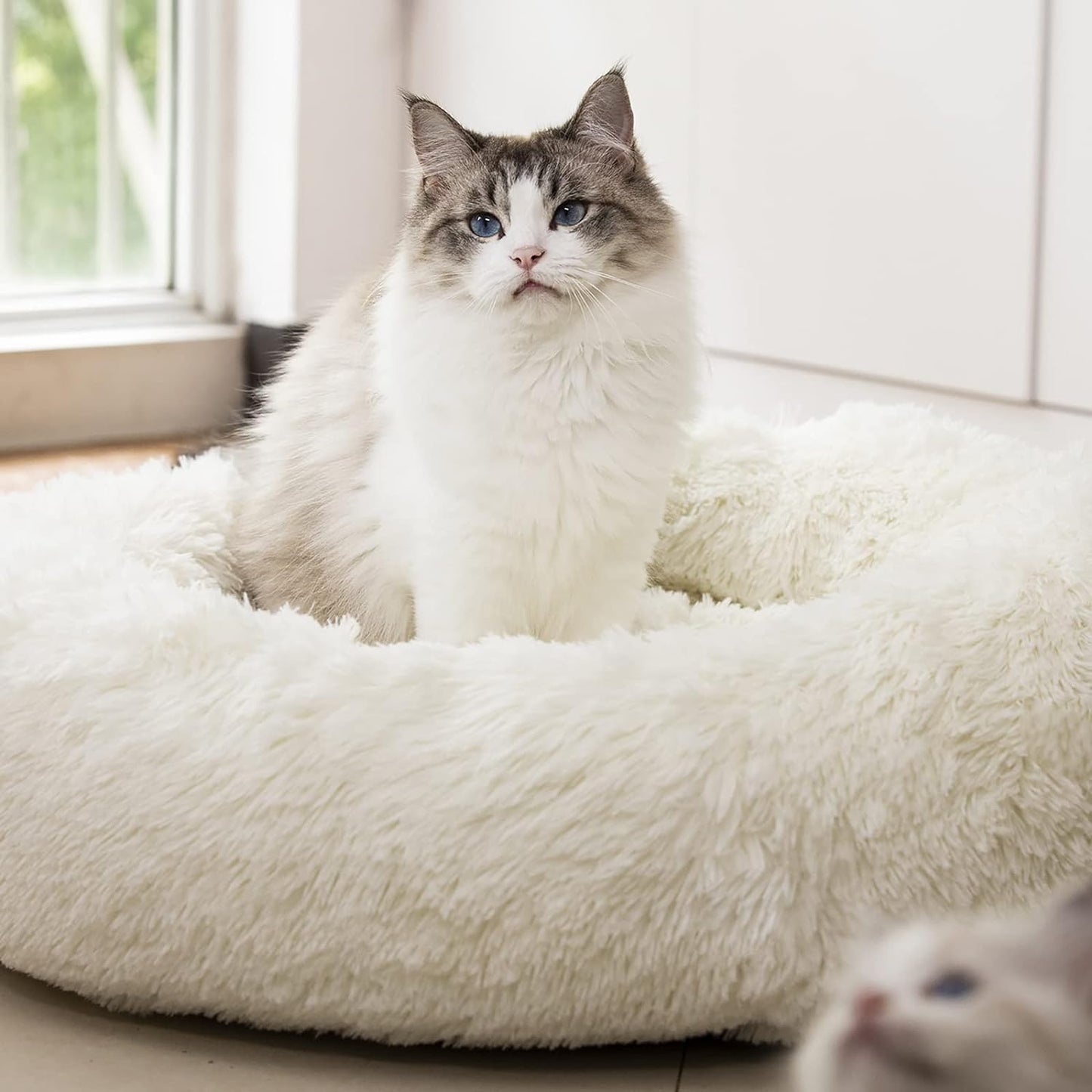 anti Anxiety round Fluffy Plush Faux Fur Warm Washable Dog Bed & Cat Bed, Original Bed for Small Medium Large Pets,Used to Relieve Joints and Improve Sleep(20"/24"/27'') (27", White)